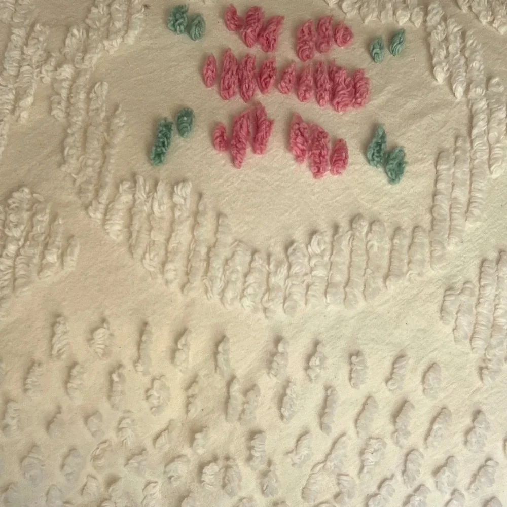 Vintage Chenille Bedspread Pink Fringe 3pc Set Cottage Farmhouse KIng/Queen